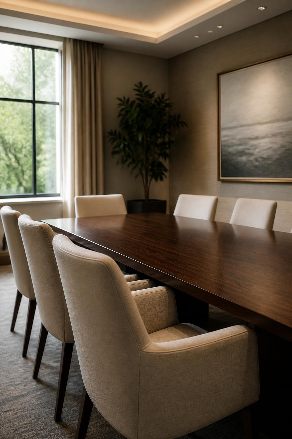 Modern conference room with polished table and soft natural light